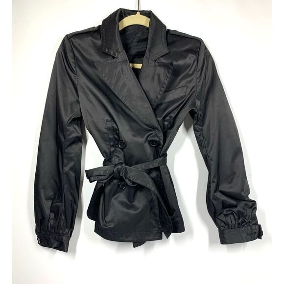 Seven7 for all Mankind Shiny Black Short Belted Trench Jacket Coat Size M - Picture 1 of 4